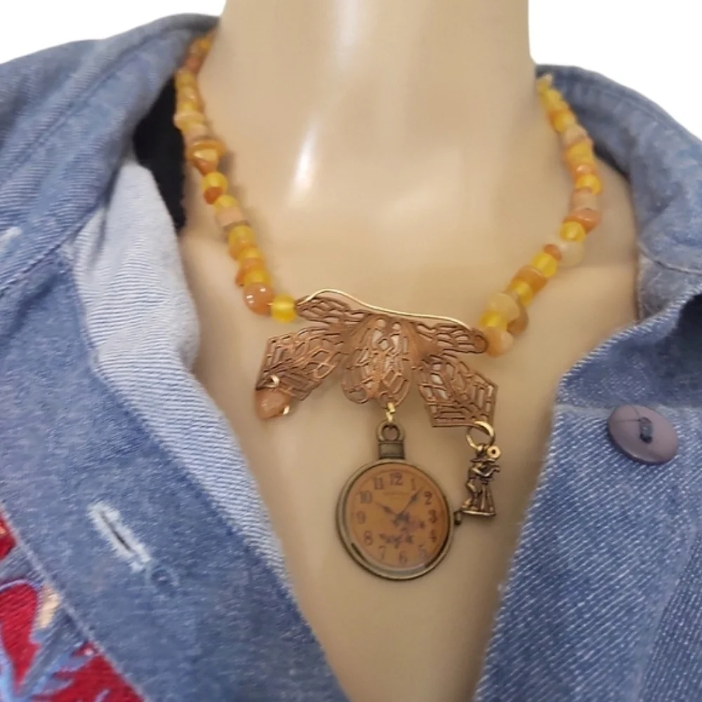 14K Gold Agate Bronze Clock Cut Out Yellow Frosted Glass Charm Wood Necklace